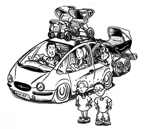 Line drawing of a car packed for a family holiday, bursting at the seams, with no room for the children.